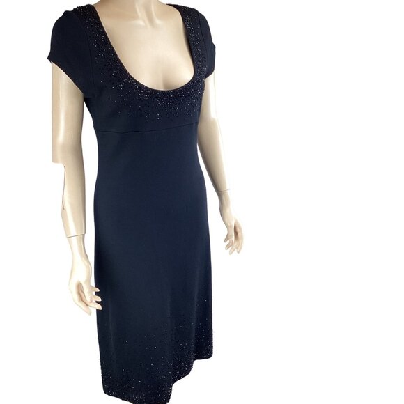 Karen Kane Black Beaded Scoop Neck‎ Dress Size Medium Knit Stretch Knee Length - Picture 6 of 7